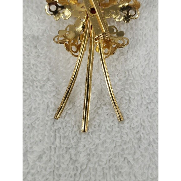 Vintage Gold Filigree Flower Pin Brooch Red Faux Ruby Stones Beautiful 3.5" - Picture 12 of 14